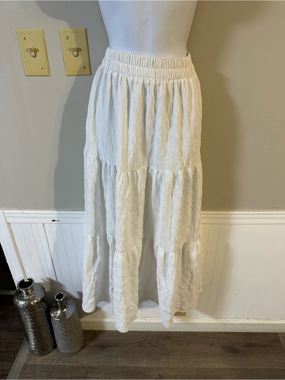 Women's White Tiered Maxi Skirt with Elastic Waistband